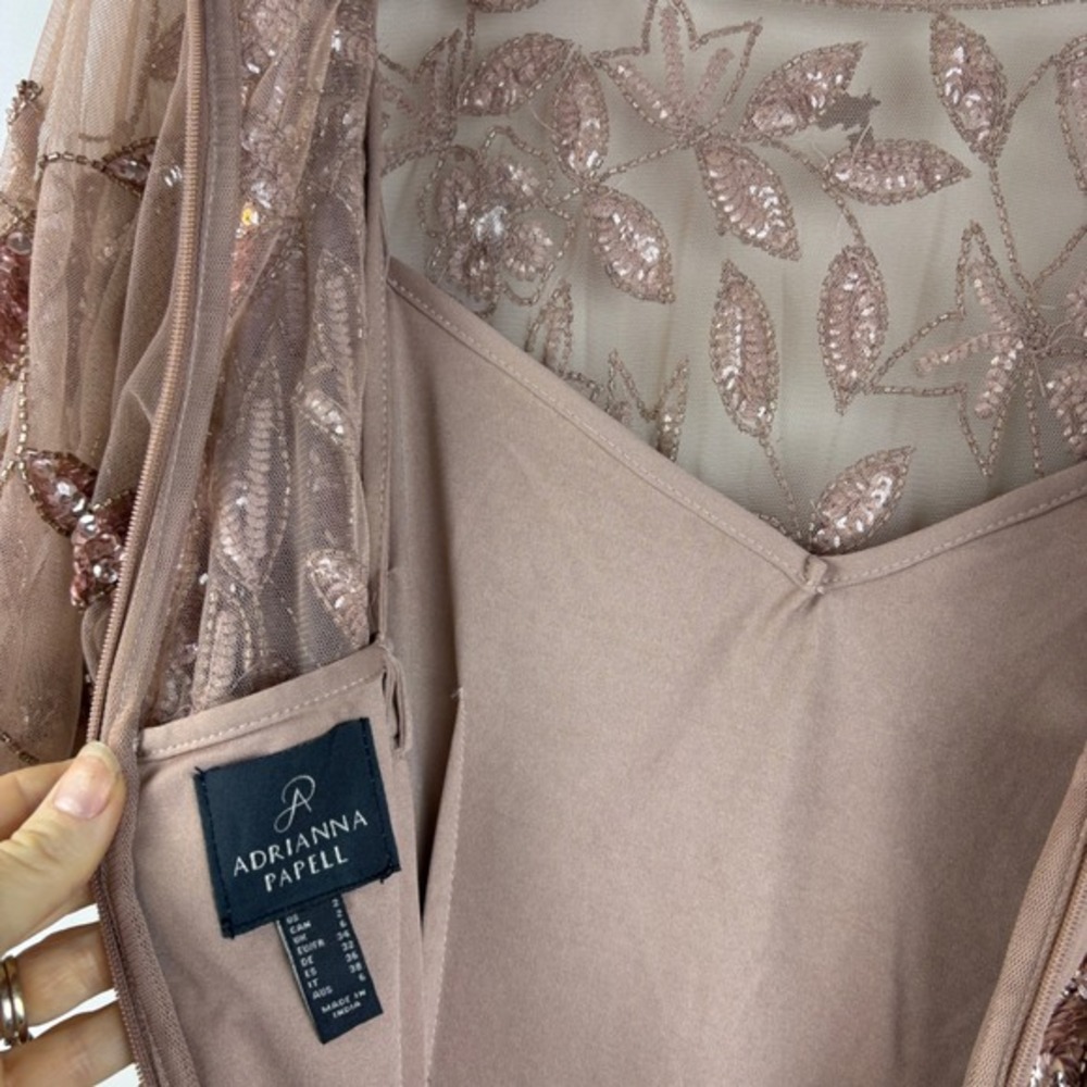 Adrianna Papell Beaded Sequin Mesh Midi Dress Rose Gold Flutter‎ Sleeve Size 2 - Picture 9 of 16